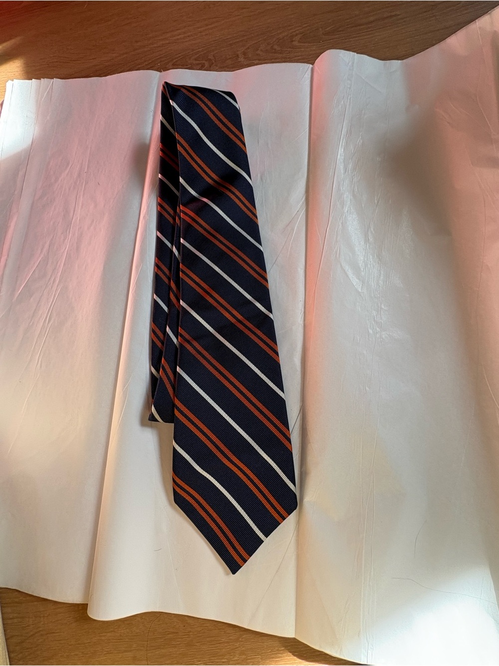 Saks Classic Navy Stripe Men's Tie with Orange and White Accents